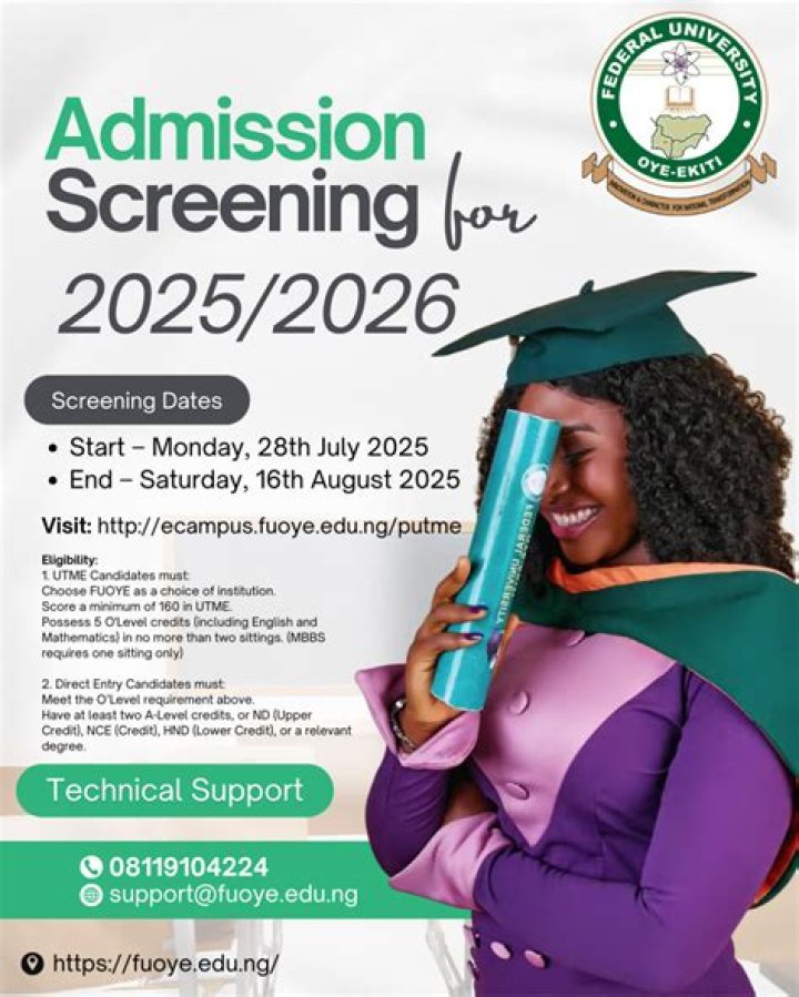 FUOYE screening for UTME and direct entry application