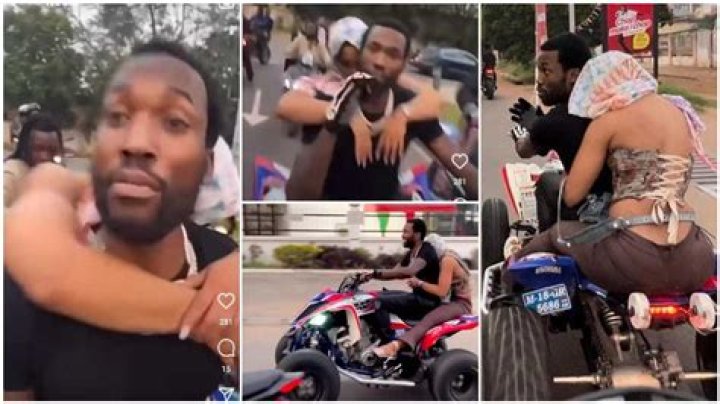 Meek Mill in Ghana: Lady Riding With US Rapper On Quad Bike Hides Her Face From Camera, Video Stirs Reactions