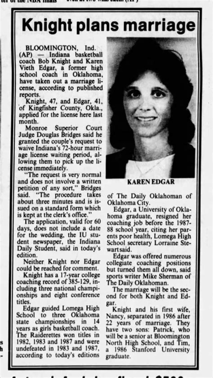 
Bob Knight’s Wife Karen Vieth Edgar – Married For Some Decades Now
