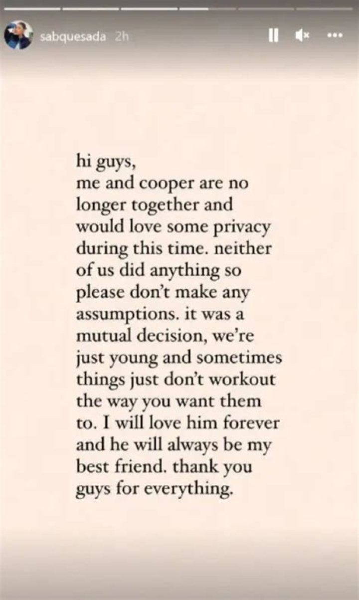 Sabrina Quesada Announces Break up with Boyfriend Cooper Noriega — ‘I Will Love Him Forever’